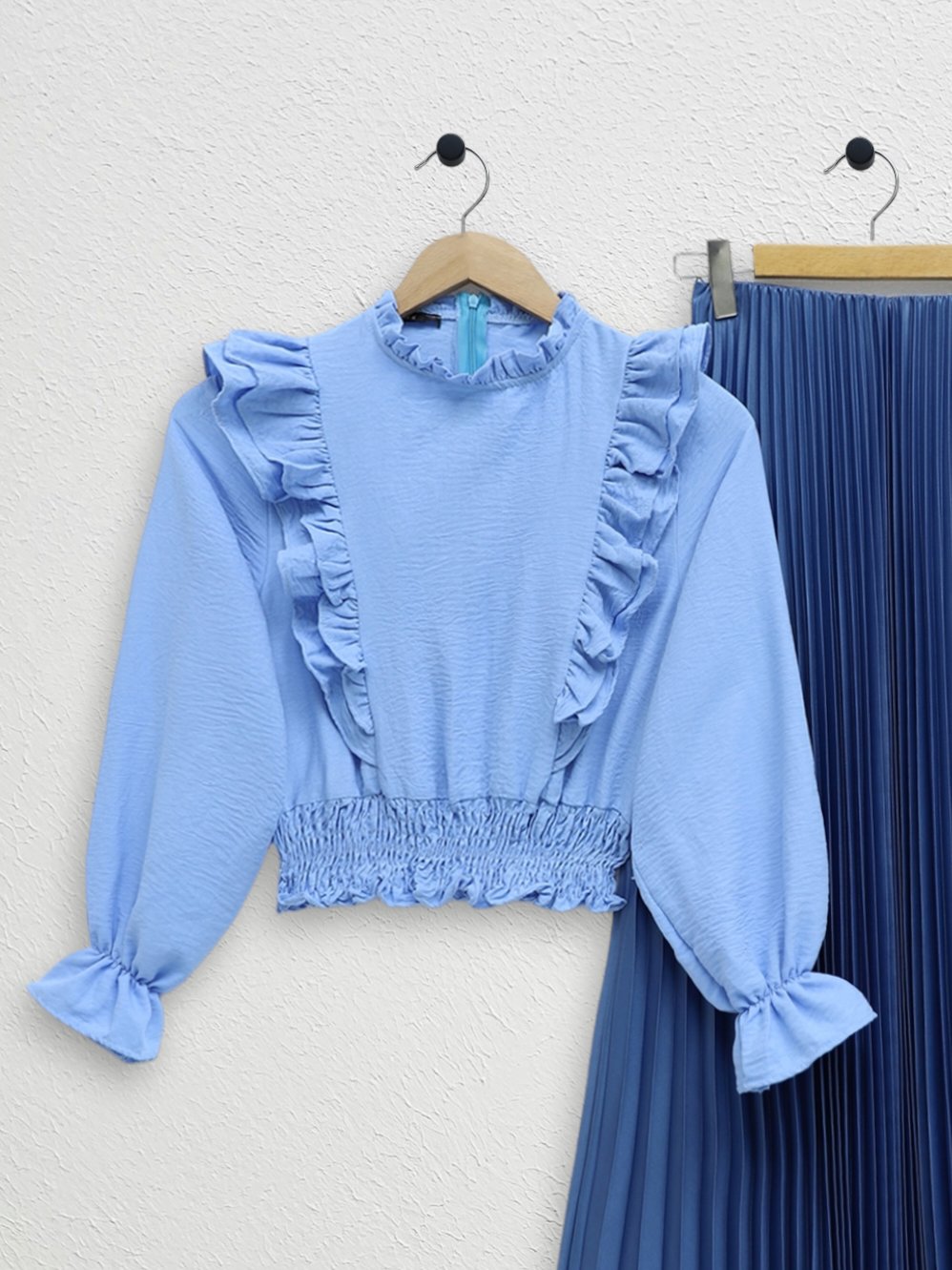 Robadan Fırfırlı Beli Büzgülü Ayrobin Bluz -Bebe Mavi