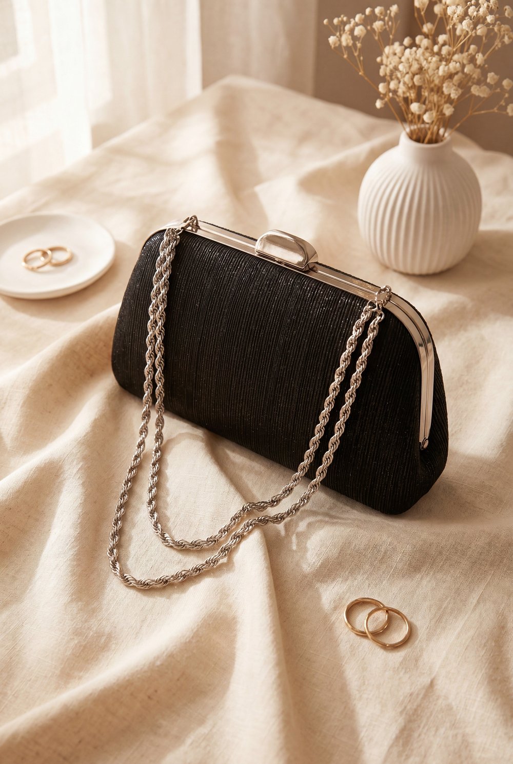 Simli Çıtçıtlı Pörtföy Çanta  -Siyah