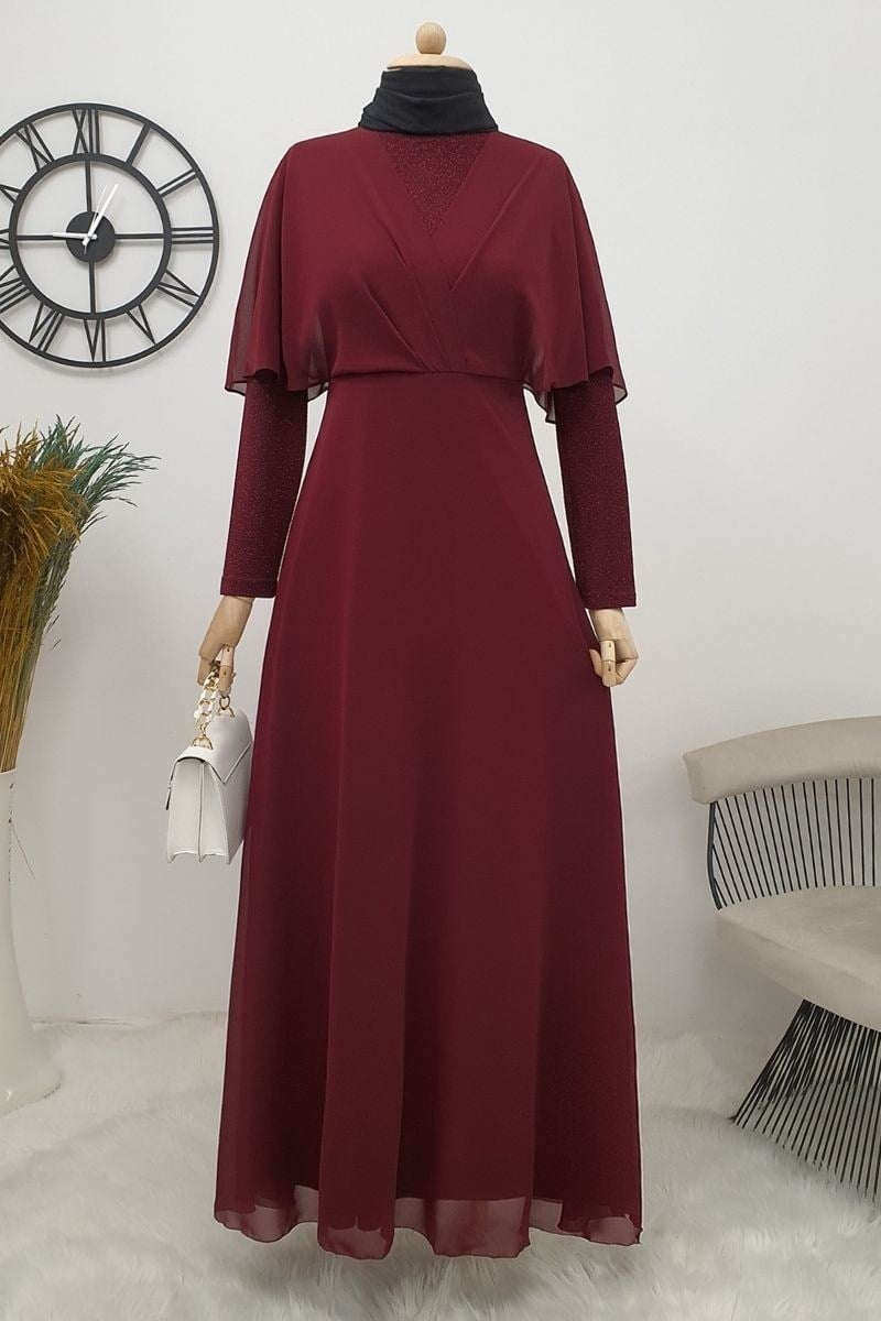 Simli Şifon Uzun Abiye  -Bordo