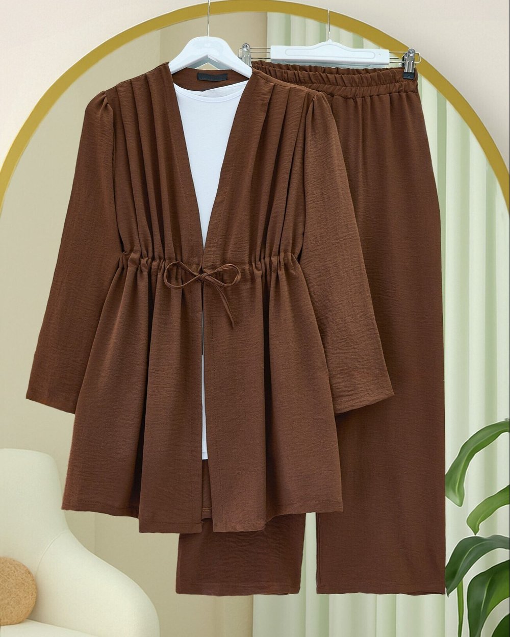 Tünel Bağcıklı Ayrobin Kimono Takım -Kahve