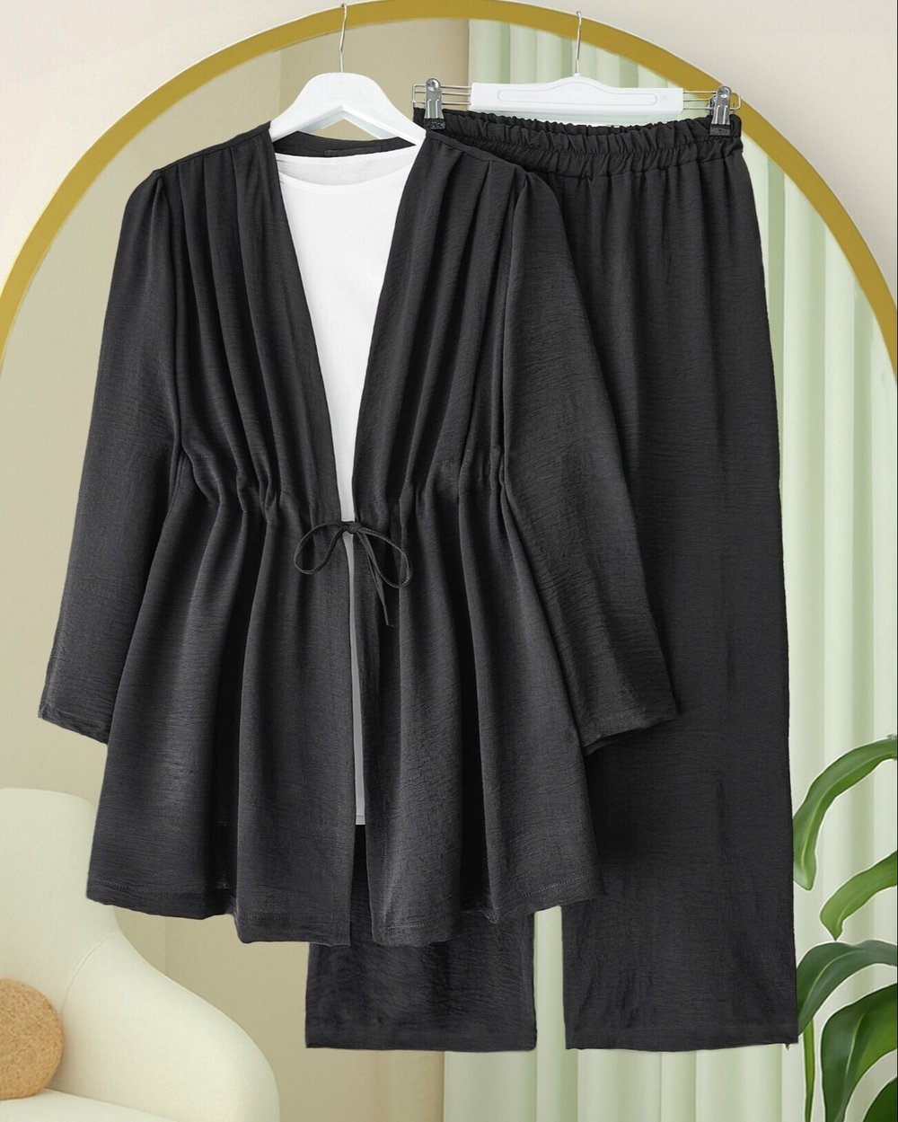 Tünel Bağcıklı Ayrobin Kimono Takım -Siyah