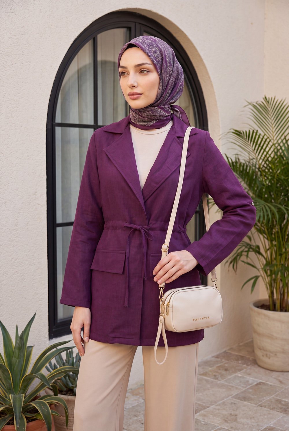 Tünel Bağcıklı Cep Detaylı Keten Görünümlü Kimono -Mürdüm