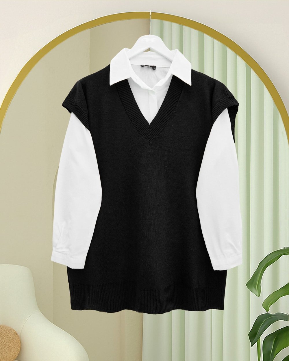 V Yaka Oversize Triko Süveter -Siyah