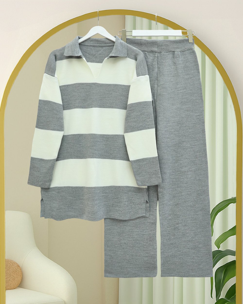 V Yaka Pantolonlu Triko Takım -Gri