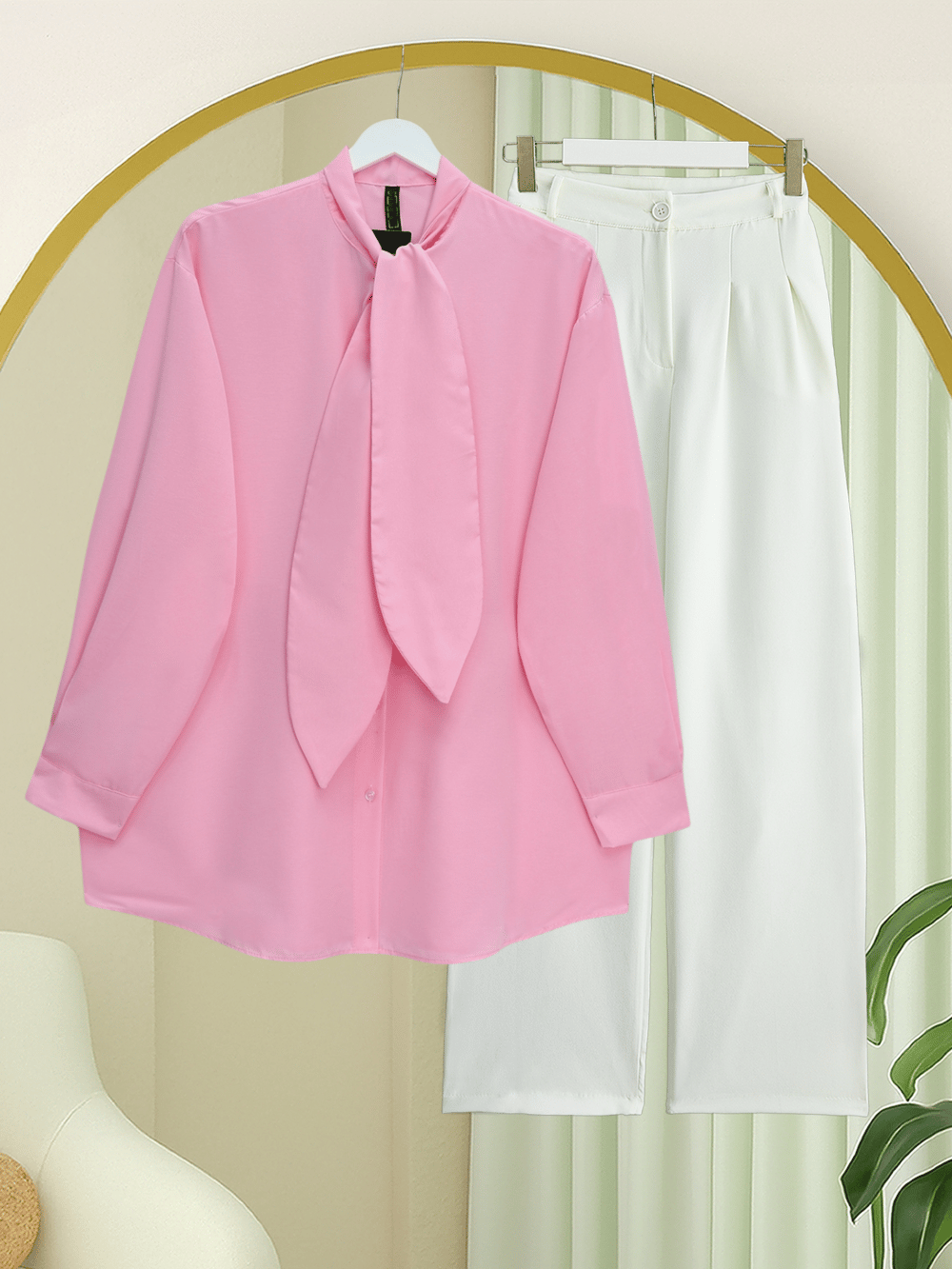 Yakası Bağlamalı Düğmeli Oversize Poplin Gömlek  -Pembe