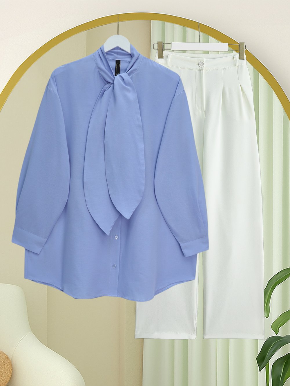 Yakası Bağlamalı Düğmeli Oversize Poplin Gömlek -Bebe Mavi