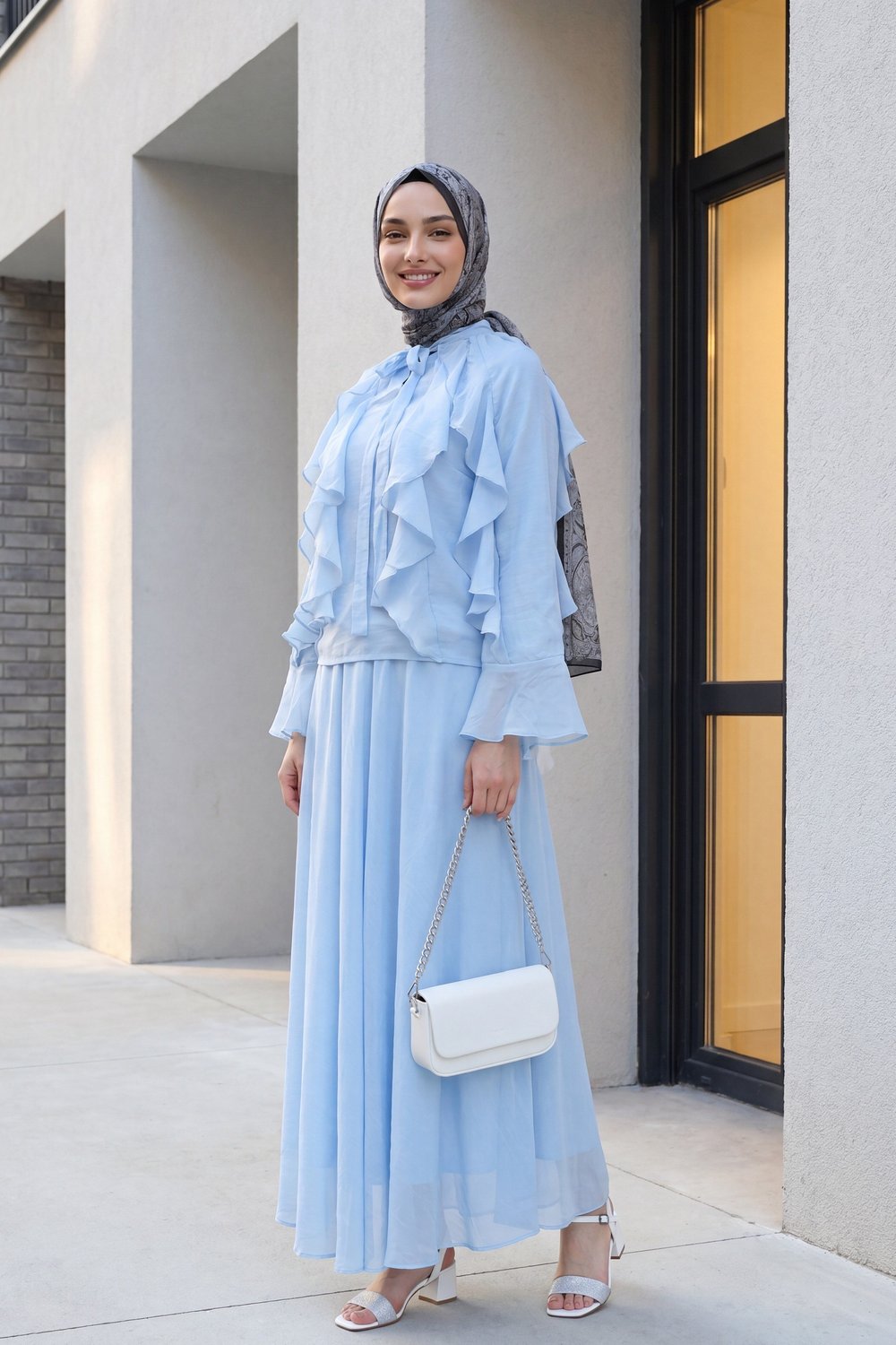 Yakası Bağlamalı Önü Fırfırlı Astarlı Tül Modal Takım -Bebe Mavi