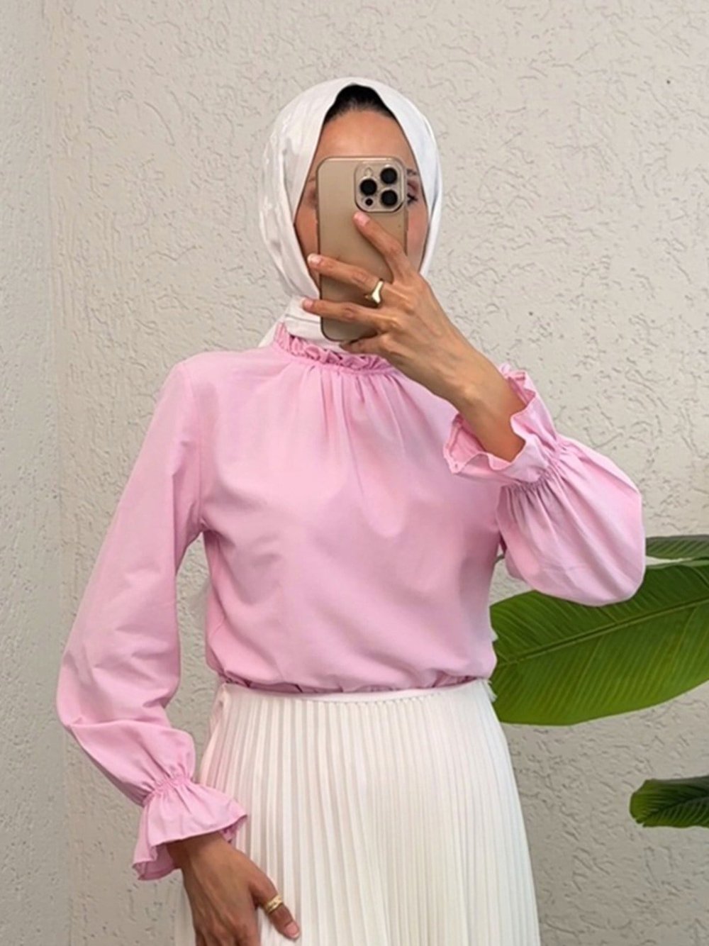 Yakası Büzgülü Bluz     -Pembe