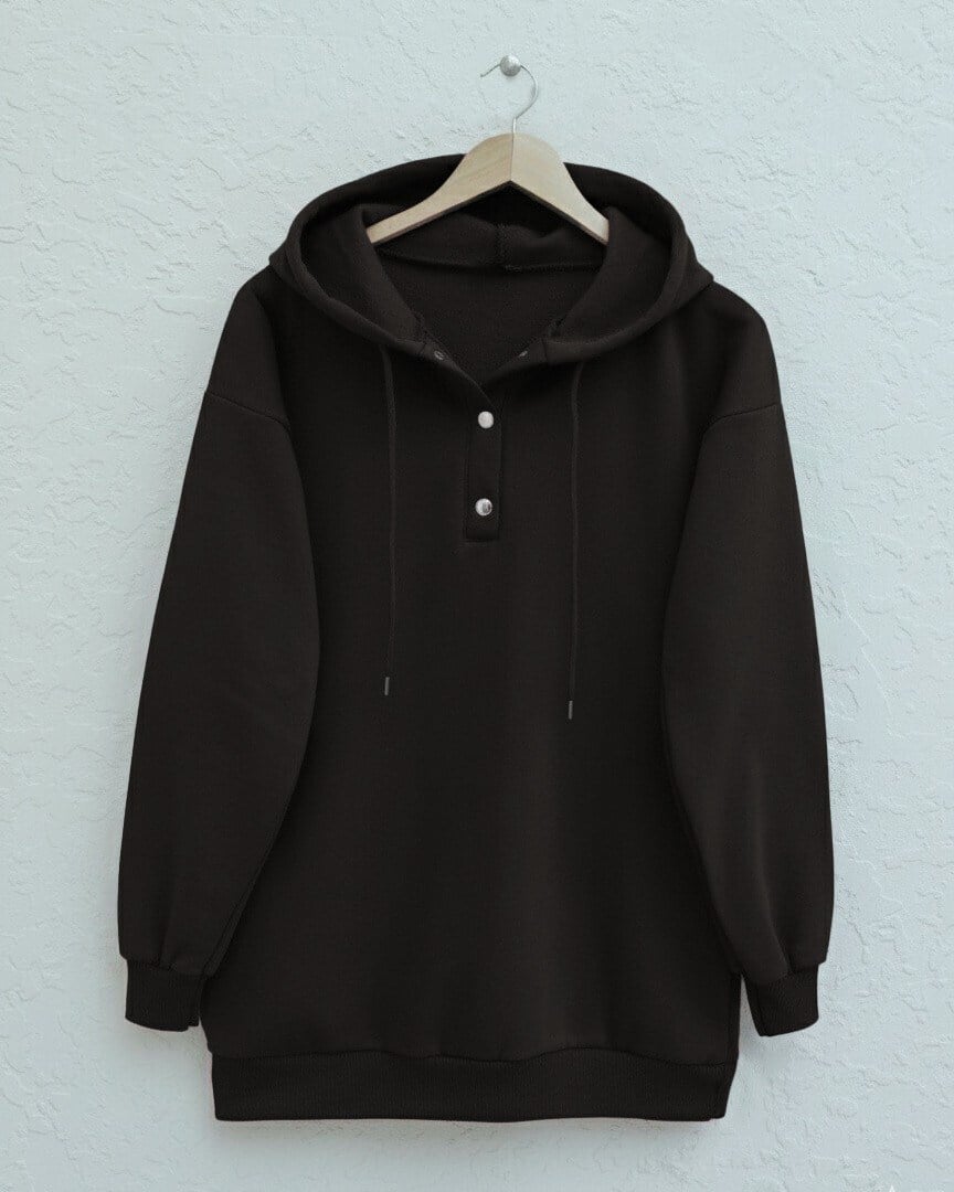 Yakası Çıtçıtlı Kapşonlu Şardonlu Üç İplik Sweat   -K. Kahve
