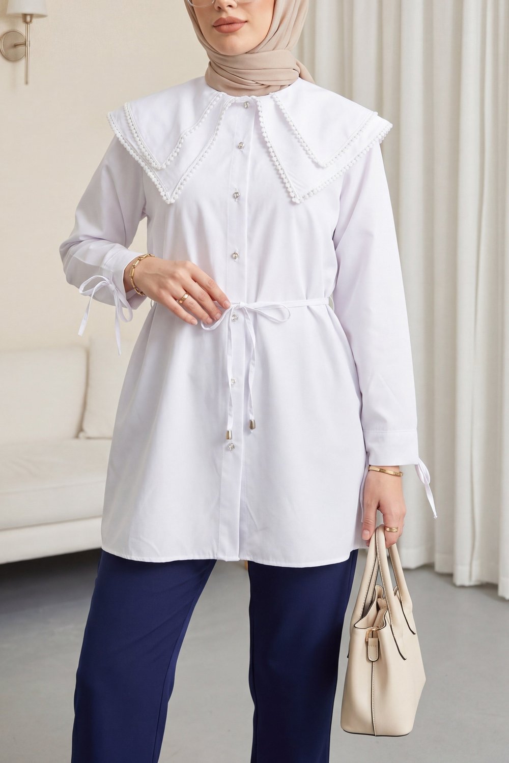 Yakası Dantelli Beli Ve Kolu Bağcıklı Poplin Tunik  -Beyaz