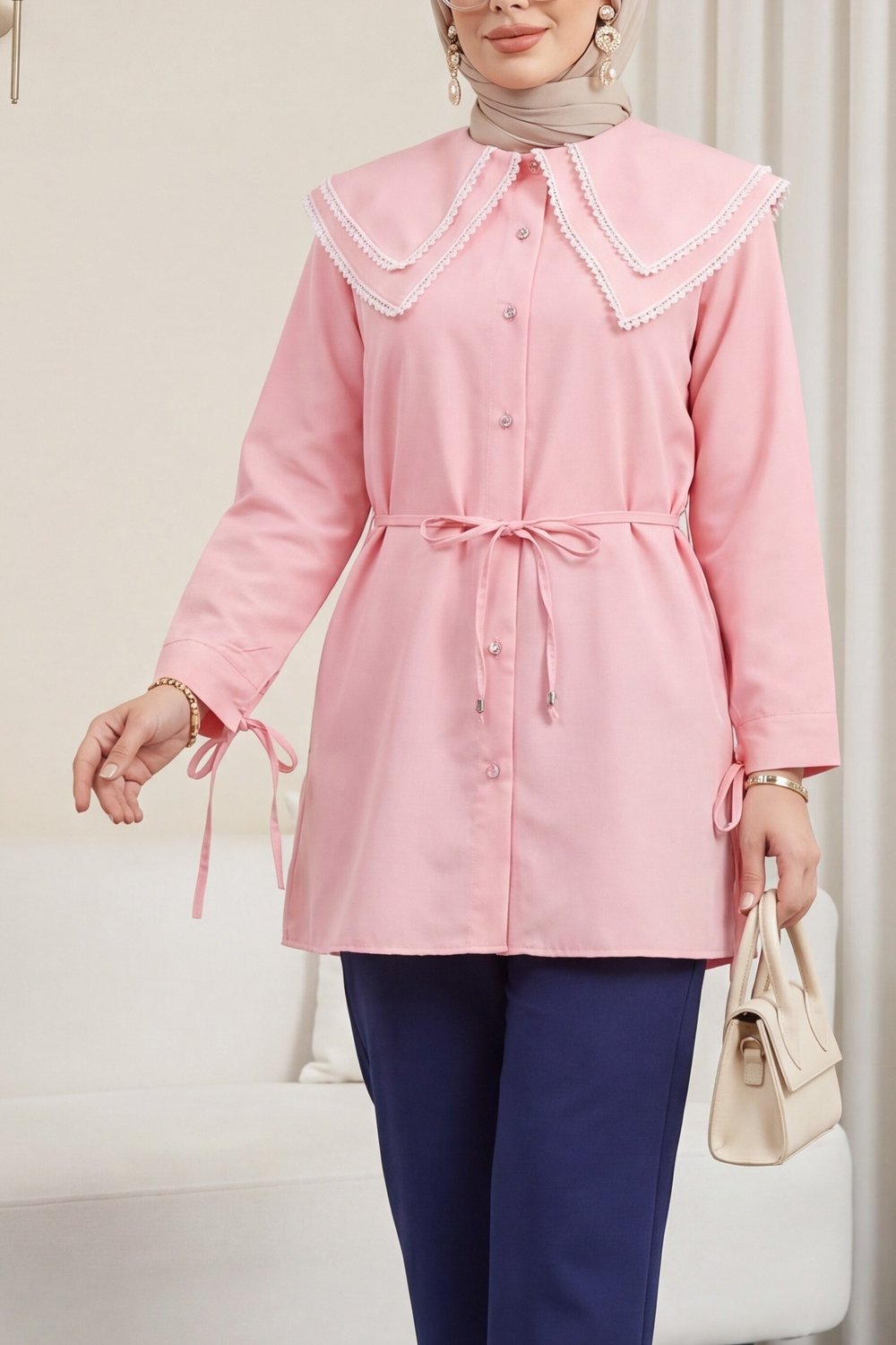 Yakası Dantelli Beli Ve Kolu Bağcıklı Poplin Tunik  -Pembe