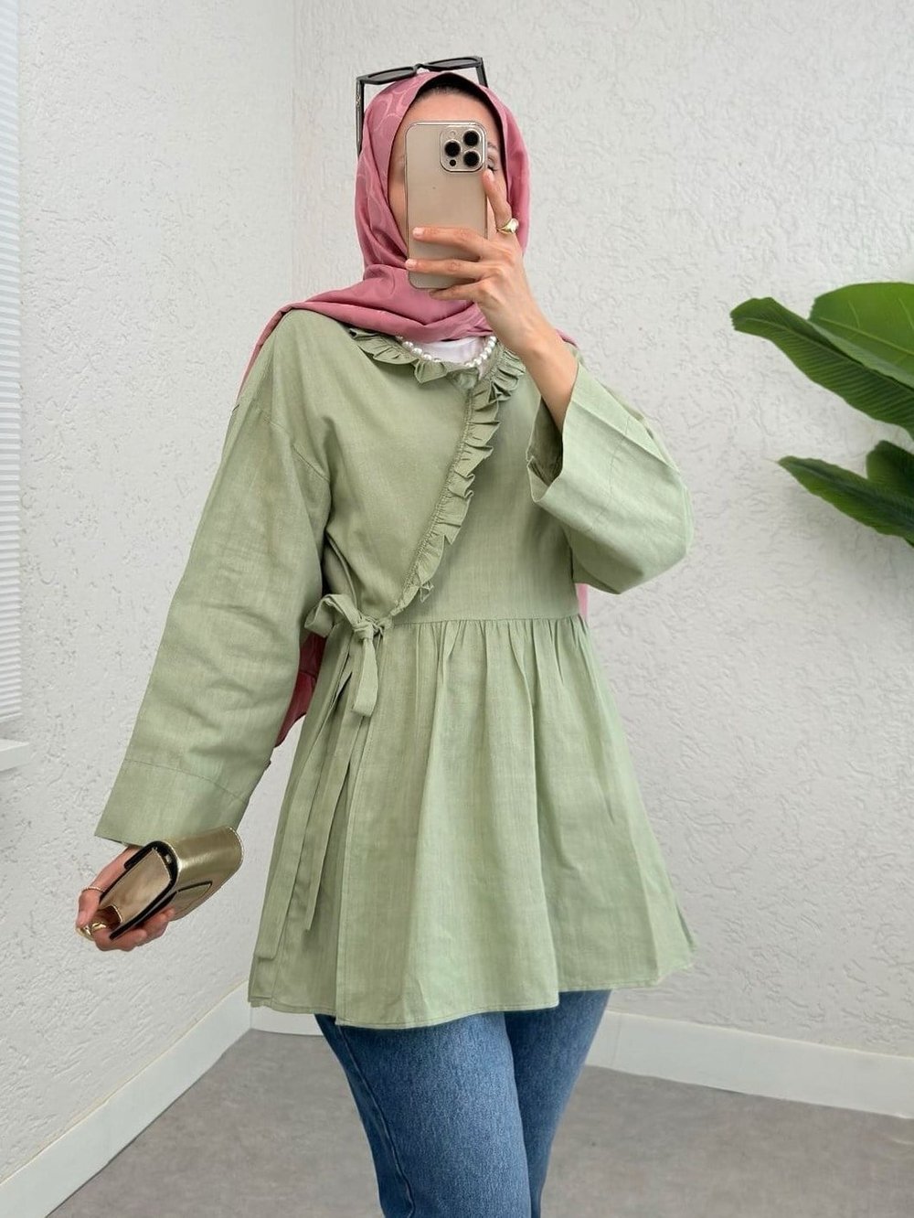 Yakası Fırfırlı Yandan Bağlamalı Keten Görünümlü Kimono  -Mint