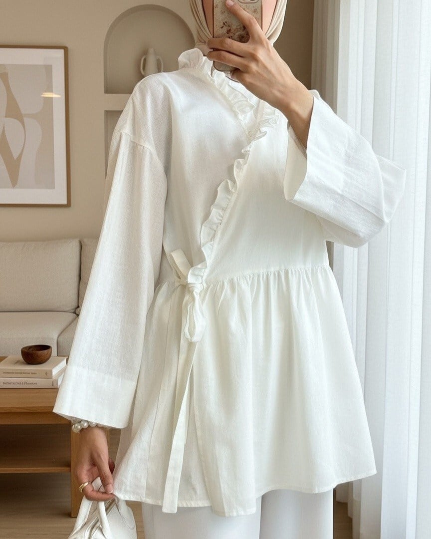 Yakası Fırfırlı Yandan Bağlamalı Keten Görünümlü Kimono -Ekru