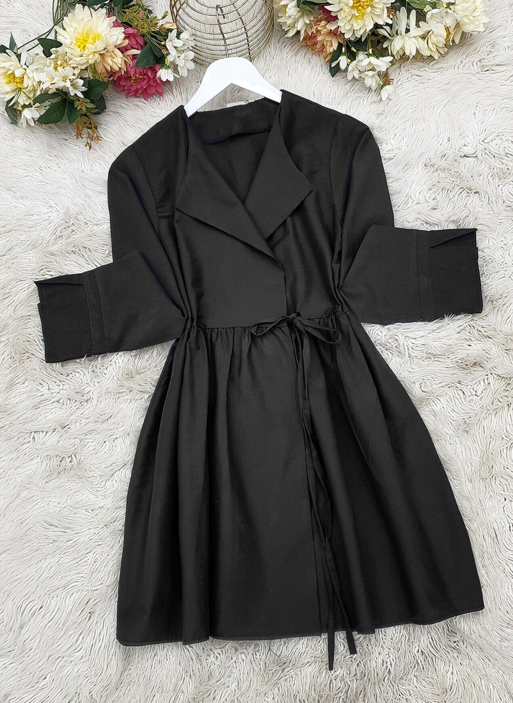 Yan Bağcıklı Kol Manşeti Yırtmaçlı Kimono -Siyah