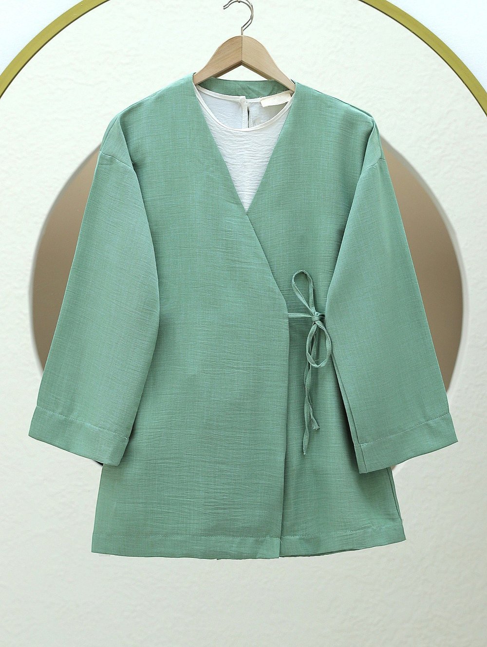 Yandan Bağlamalı Keten Görünümlü Kimono -Su Yeşili