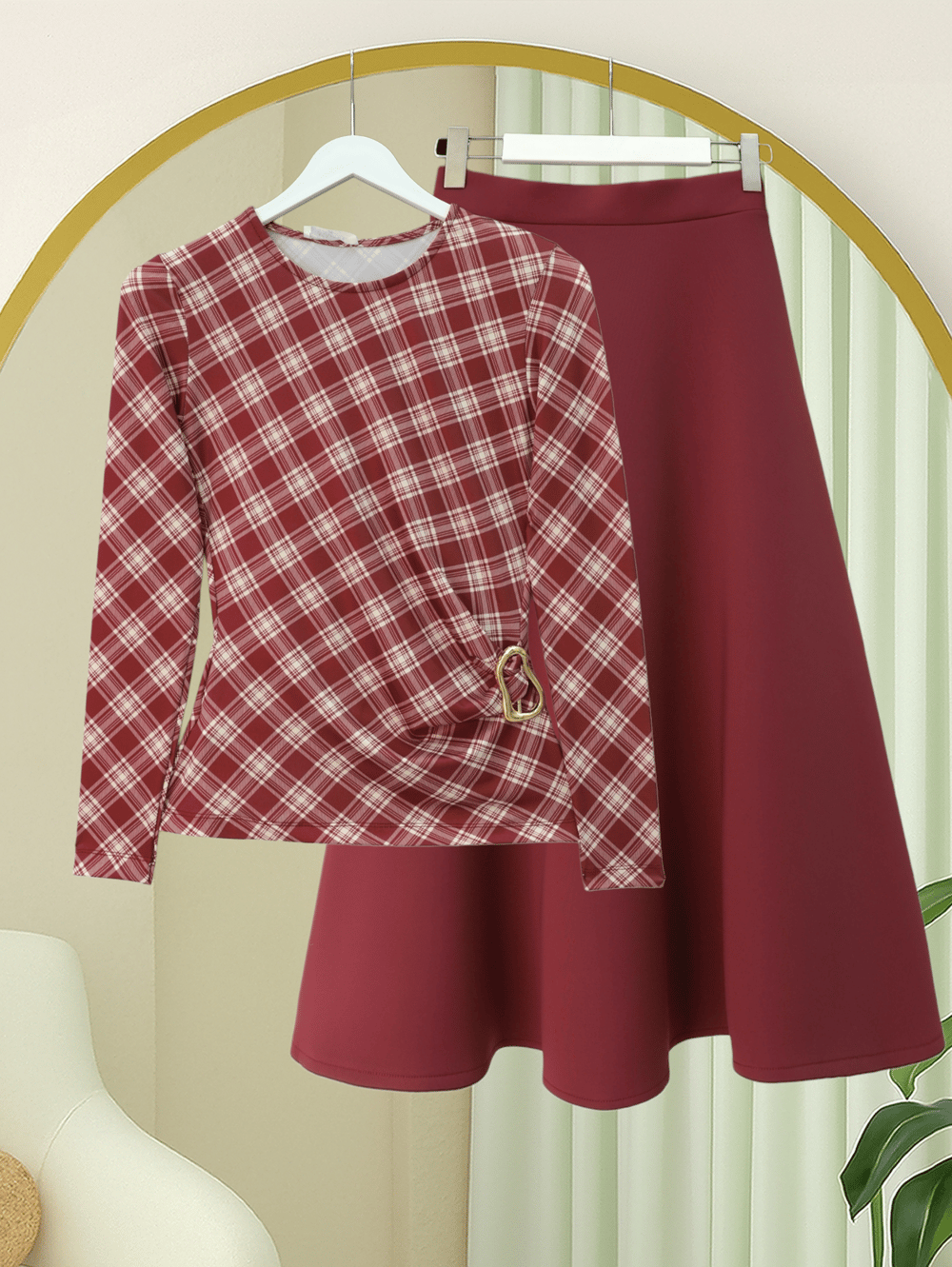Yanı Tokalı Ekose Desenli Bluz -Bordo