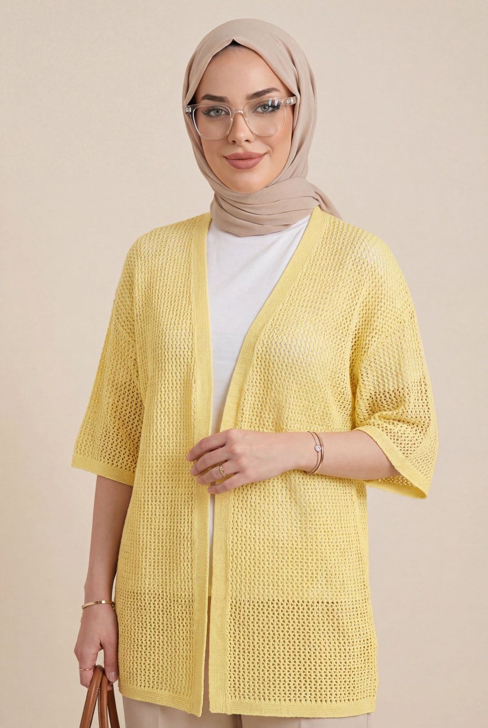 Yarasa Yarım Kol Ajurlu Triko Hırka  -Sarı