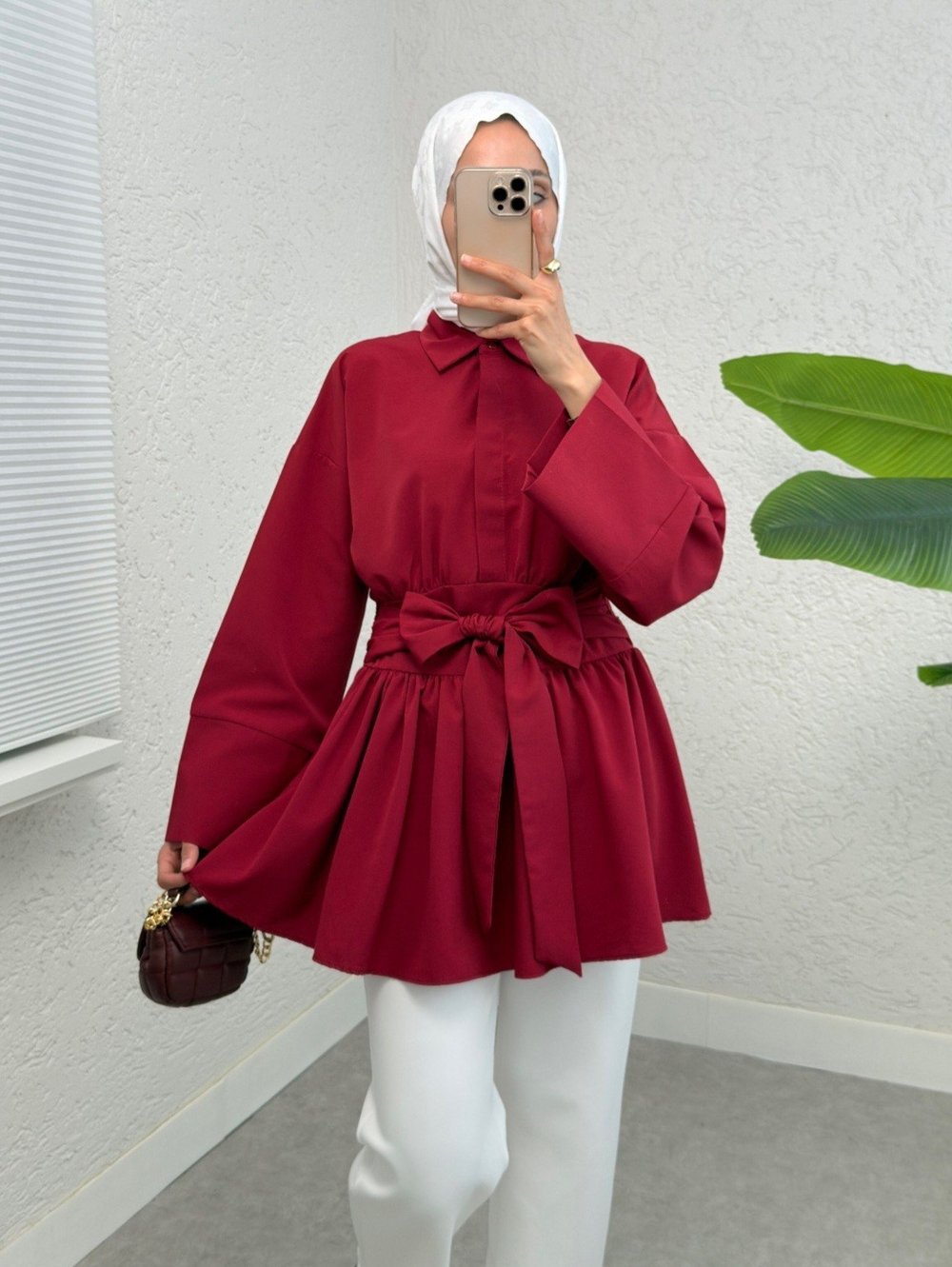 Yarım Düğmeli Beli Bağlamalı Yanı Fermuarlı Tunik -Bordo