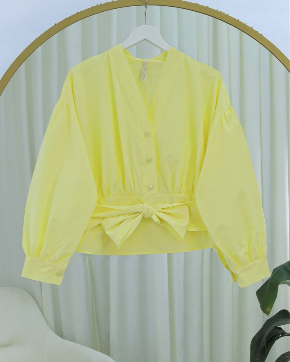 Yarım Düğmeli Beli Kuşaklı Poplin Gömlek -Açık Sarı