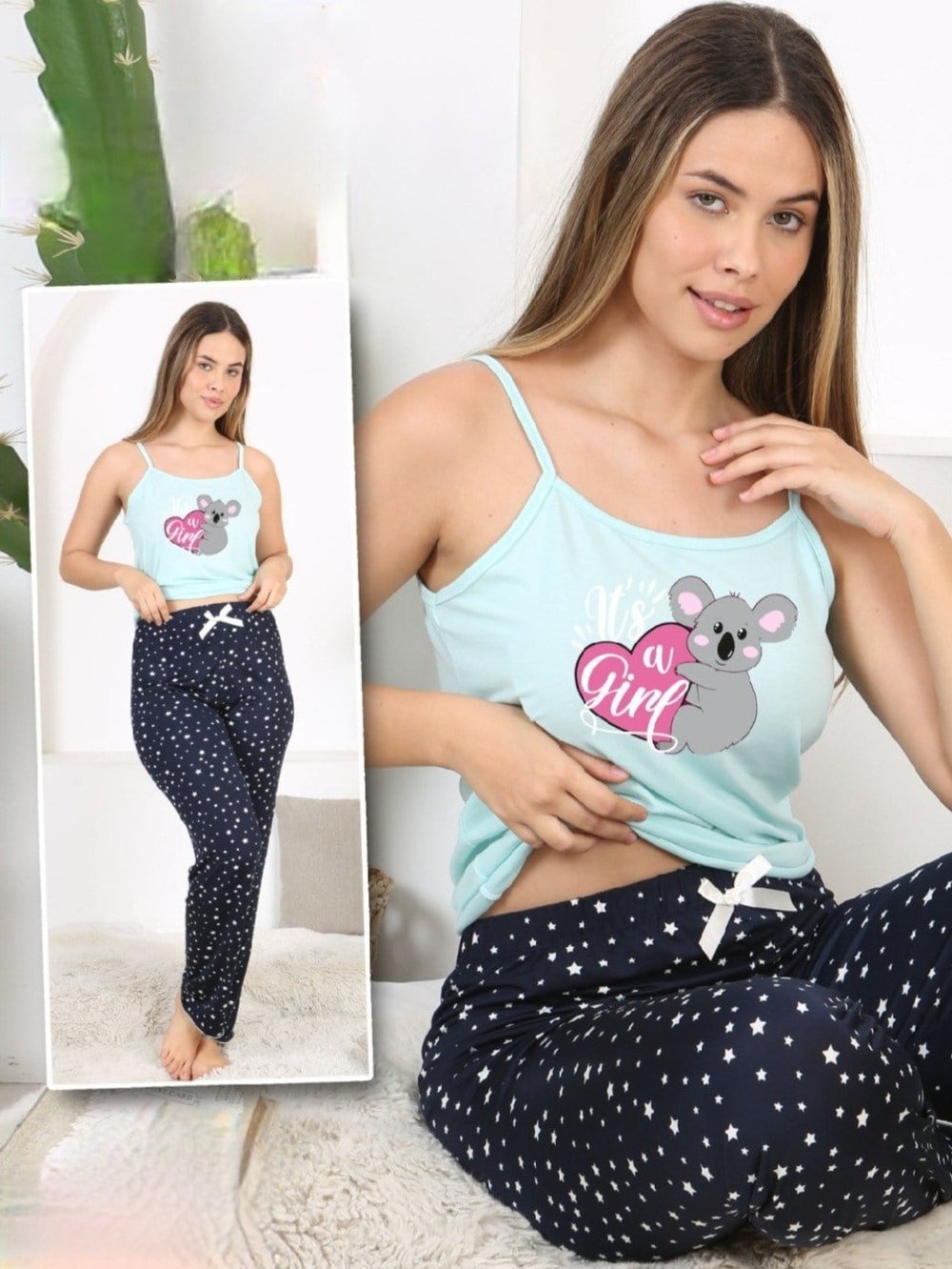 Yıldız ve Koala Desenli İp Askılı Pijama Takımı -Su Yeşili