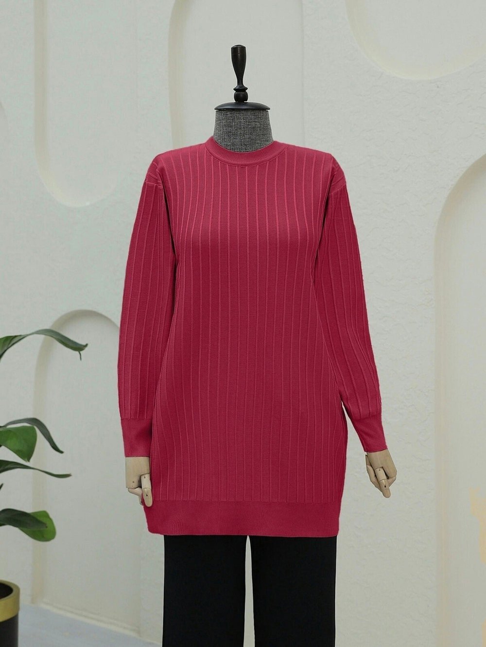 Yuvarlak Yaka İnce Çizgili Triko Tunik -Bordo