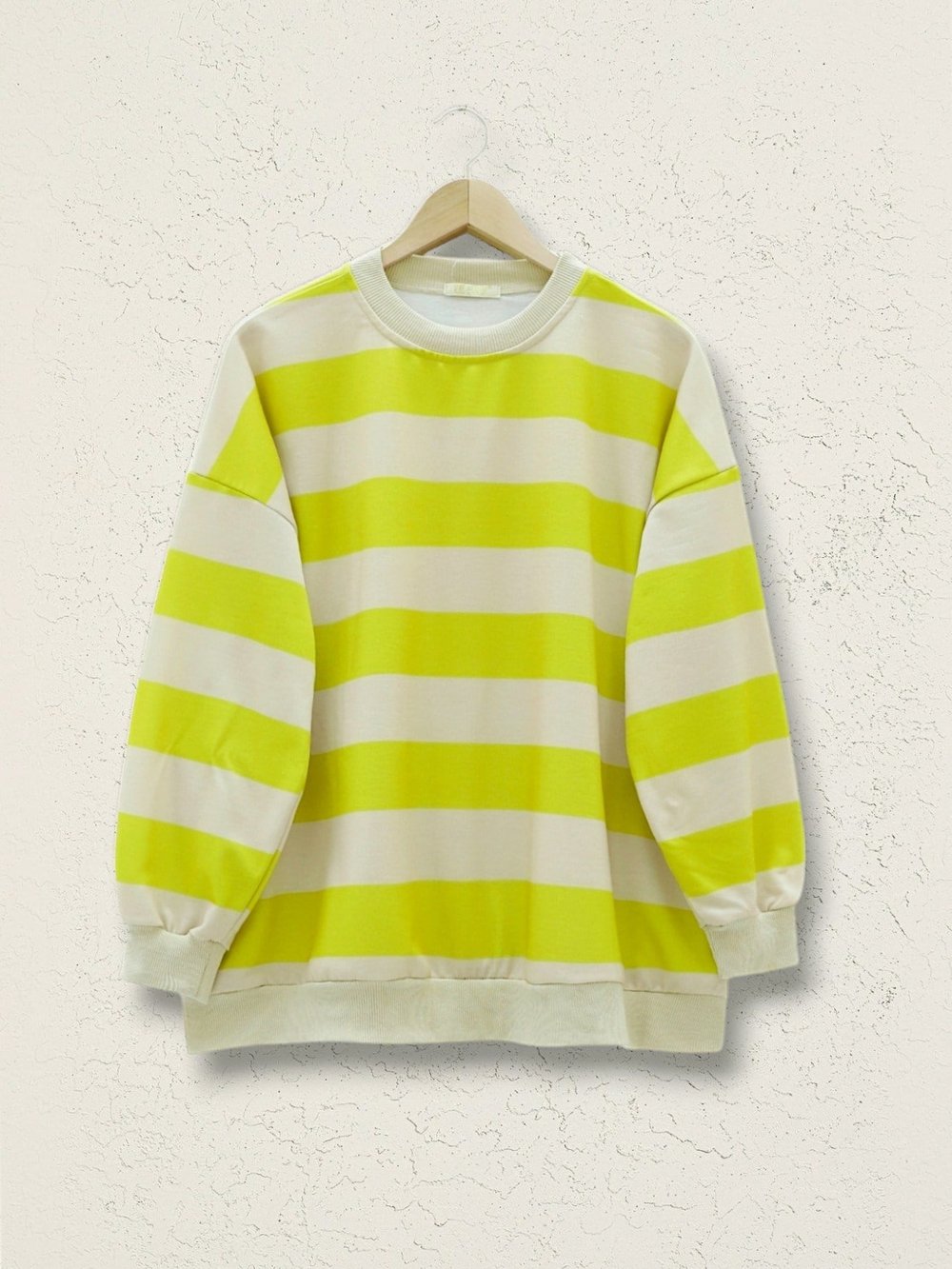 Yuvarlak Yaka Kalın Çizgili Oversize Sweat -Yağ Yeşili