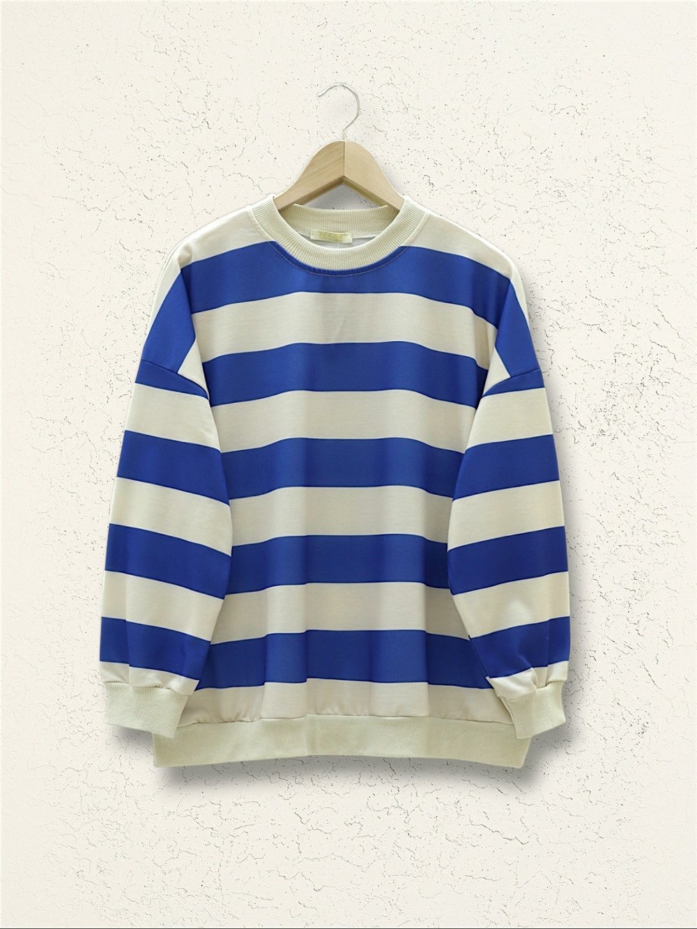 Yuvarlak Yaka Kalın Çizgili Oversize Sweat -Saks