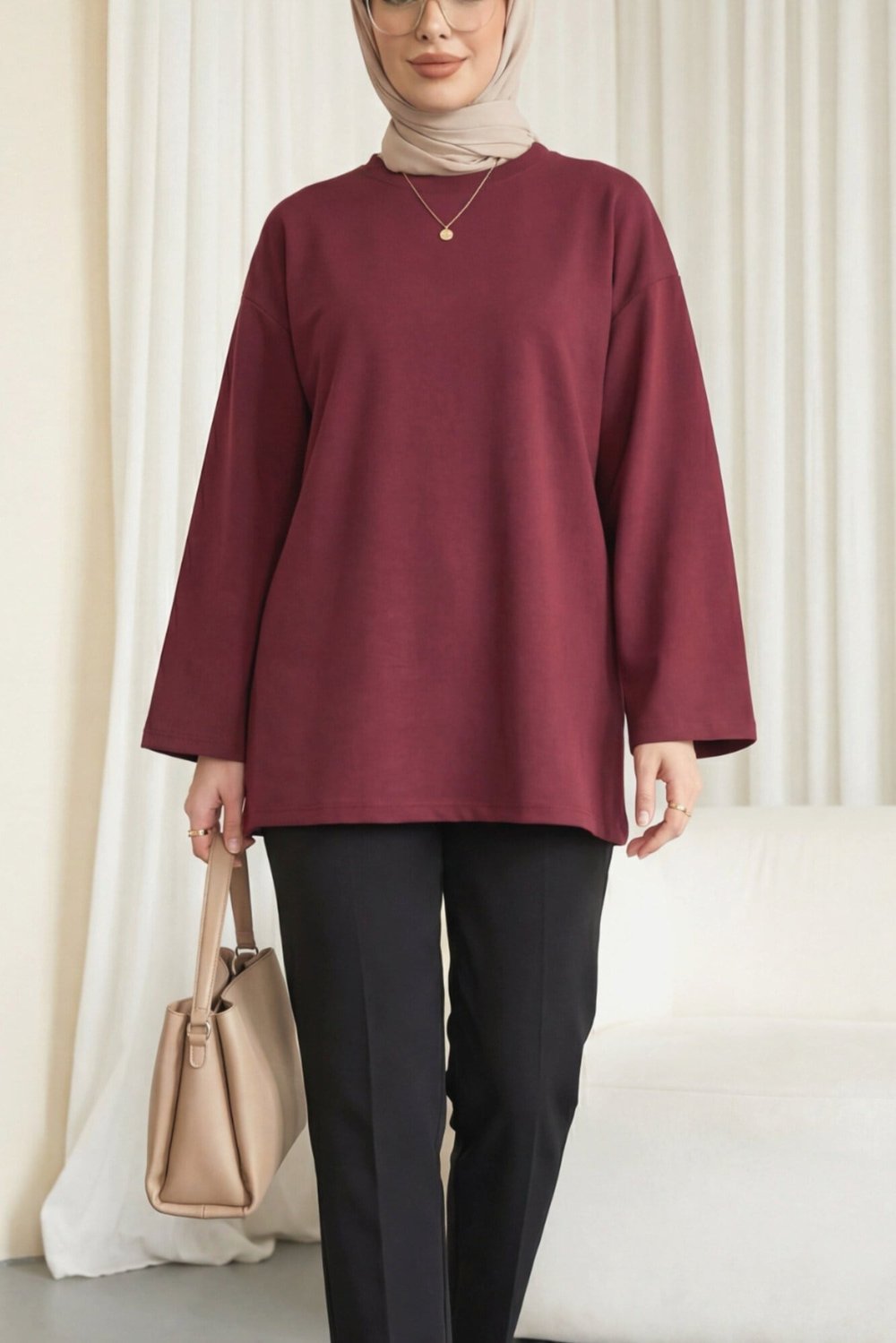 Yuvarlak Yaka Salaş Penye Tunik  -Bordo