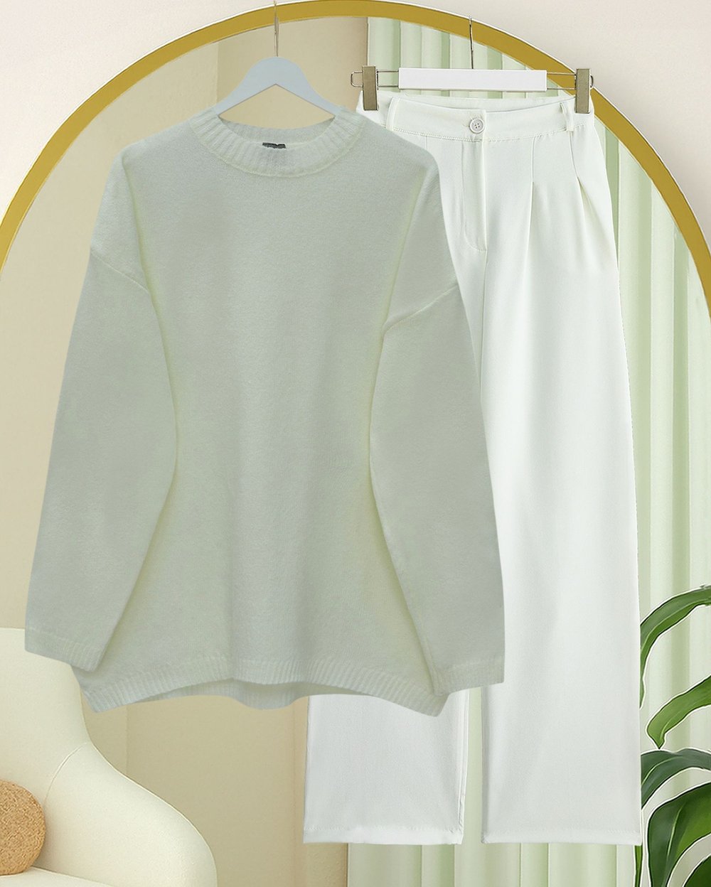 Yuvarlak Yaka Salaş Triko Kazak  -Beyaz