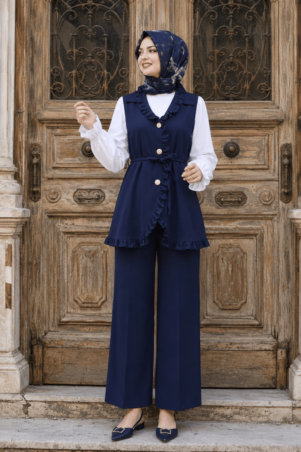Fırfırlı Düğmeli Yelek Pantolon İkili Takım - Lacivert