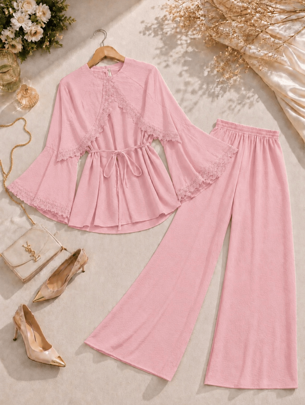 Güpür Detaylı İkili Pantolonlu Takım - Pembe