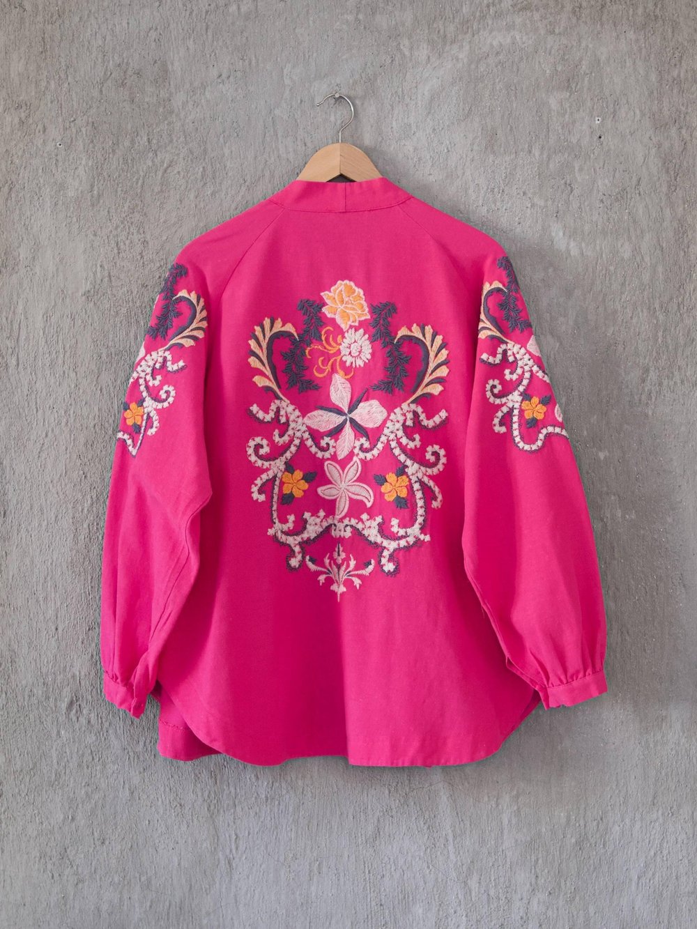 Nakış Desenli Keten Bohem Kimono- Fuşya