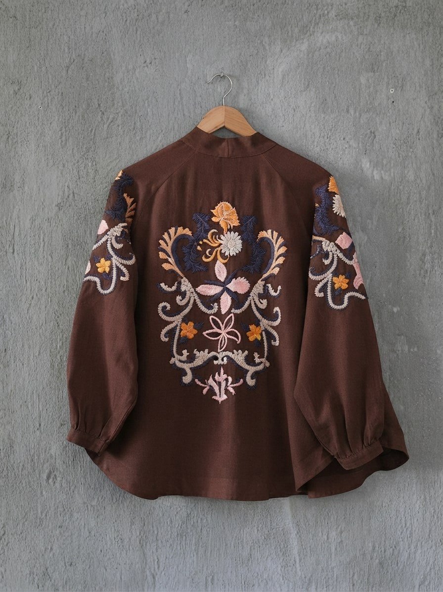 Nakış Desenli Keten Bohem Kimono- Kahve