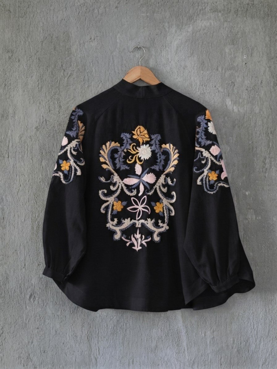 Nakış Desenli Keten Bohem Kimono- Siyah