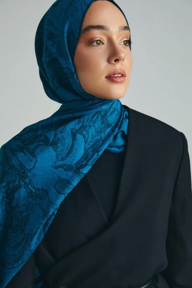 KEHRİBAR PAMUK İPEK ŞAL 70X190 CM PETROL MAVİSİ