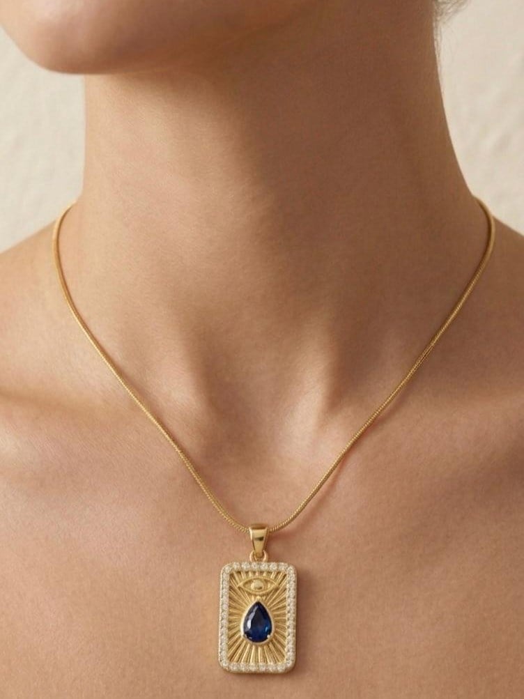 Siyah Damla Taşlı Madalyon Gold Kolye