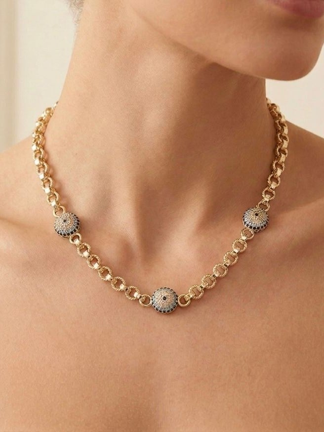 Taşlı Top Detaylı Gold Kolye