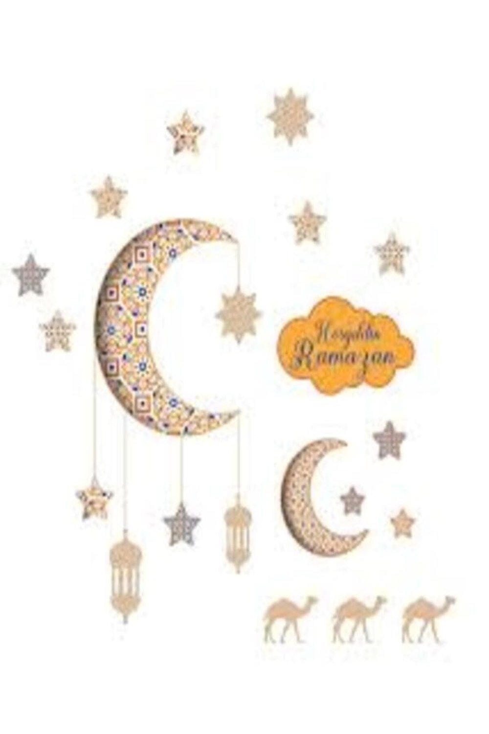 Hoşgeldin Ramazan Cam ve Duvar Sticker - Mavi Ve Gold Çizgili ramazan Sticker 21 Parça