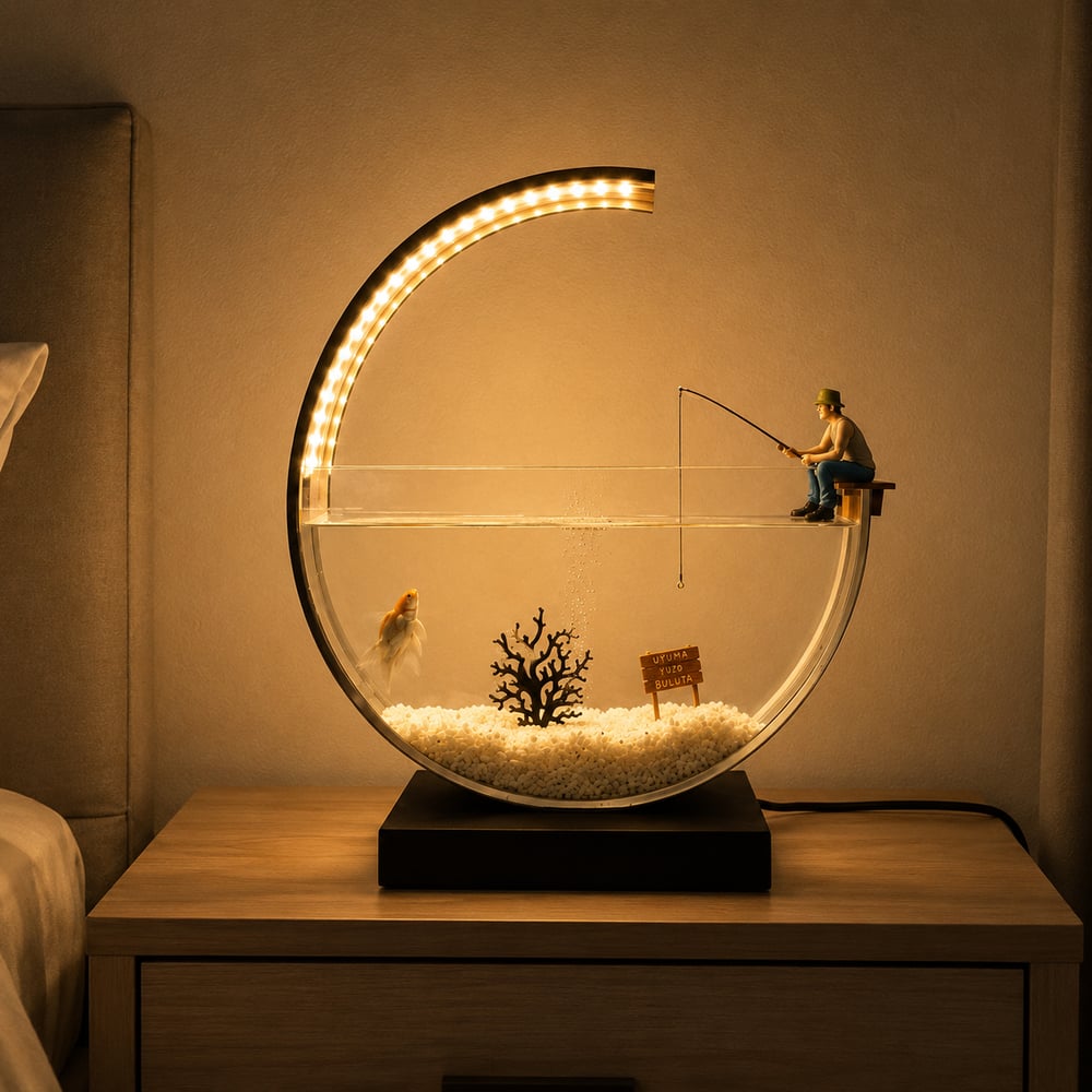 Led ışıklı ve balık tutan adamlı moon set akvaryum (açıklamayı okuyunuz)