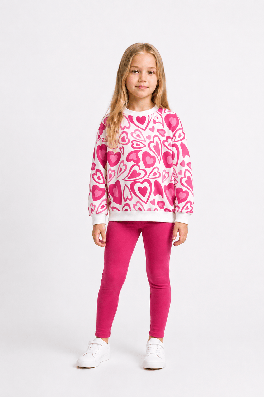 Kalp Desenli Sweatshirt Tayt İkili Takım Pembe