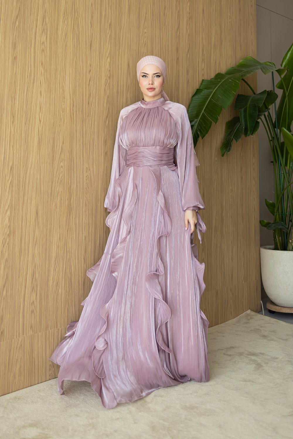 Eteği Volan Parçalı Elbise |  pembe