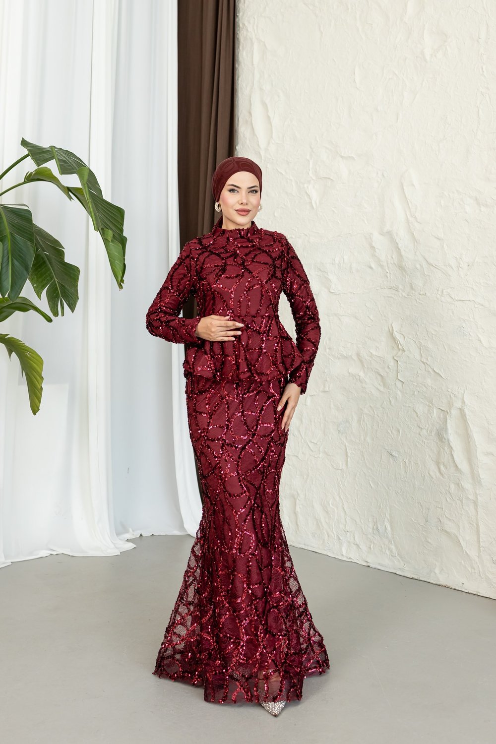 Işıltılı Balık Abiye | Bordo