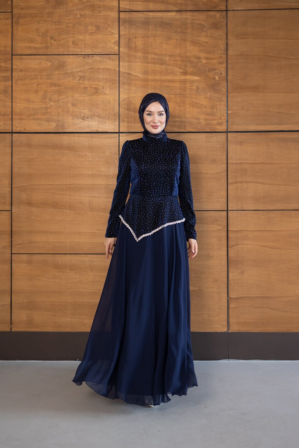Kadife Şifon Etekli Model | Lacivert
