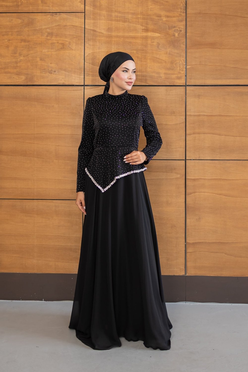 Kadife Şifon Etekli Model | Siyah