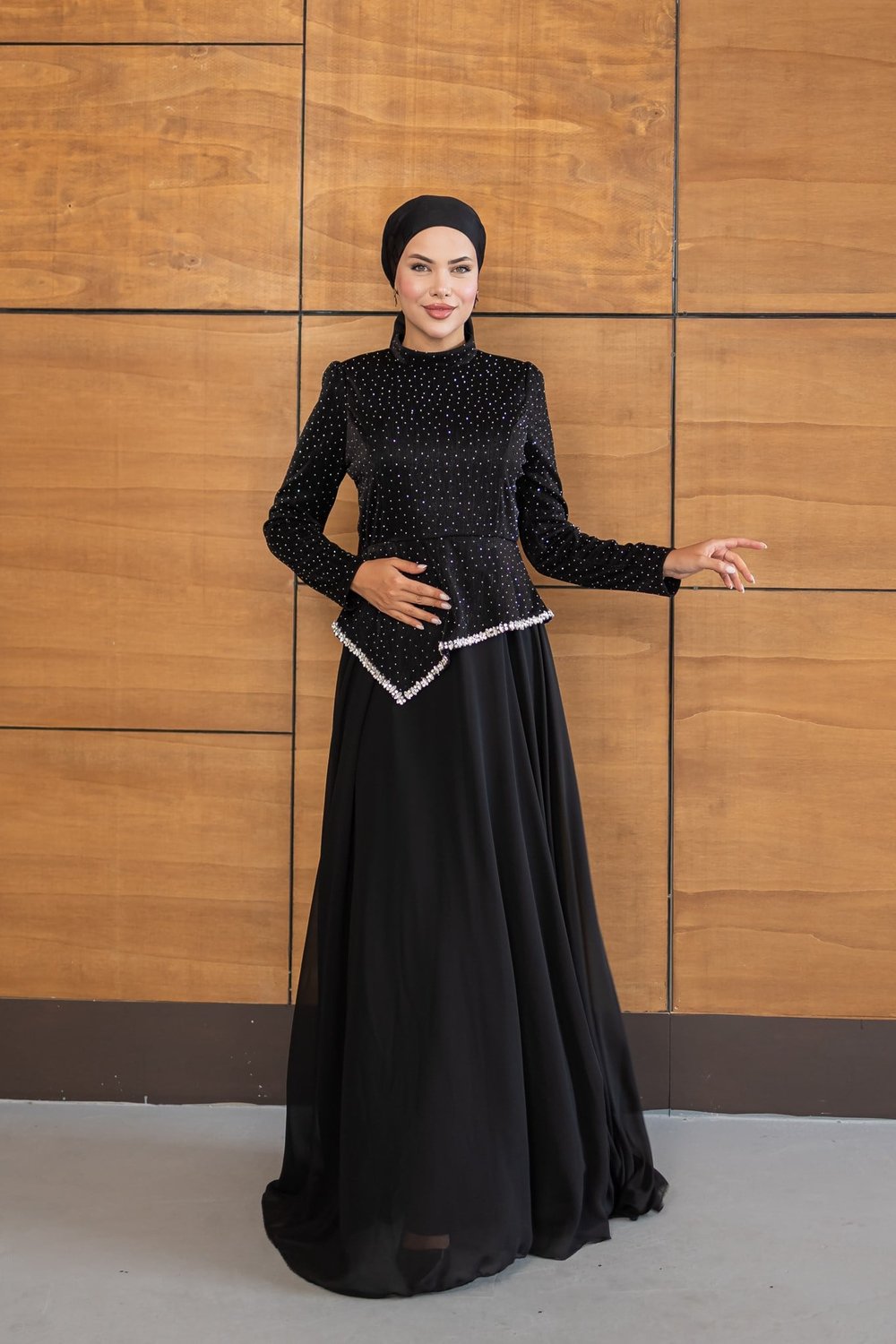 Kadife Şifon Etekli Model | Siyah