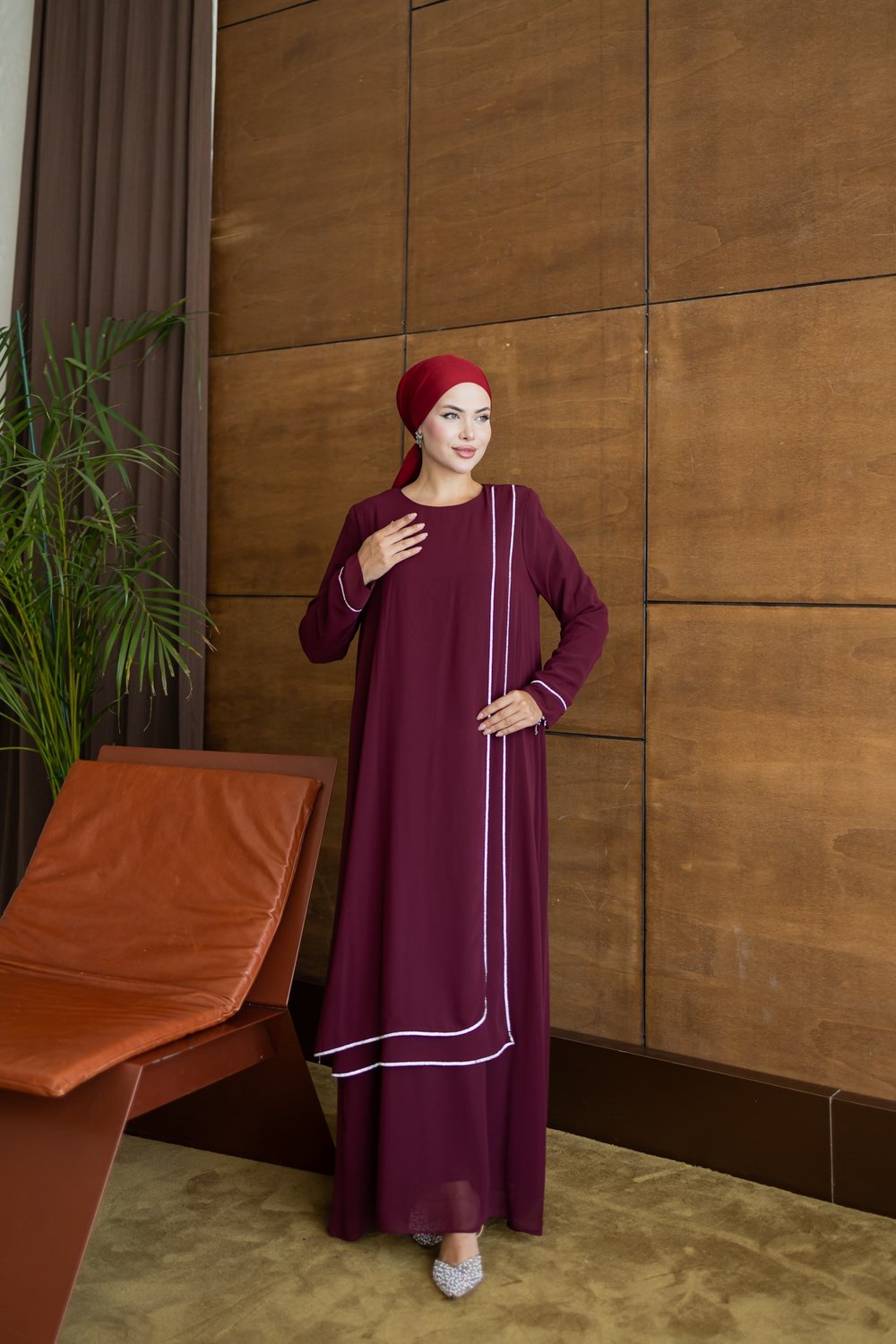 Şerit Taşlı  Elbise | Bordo