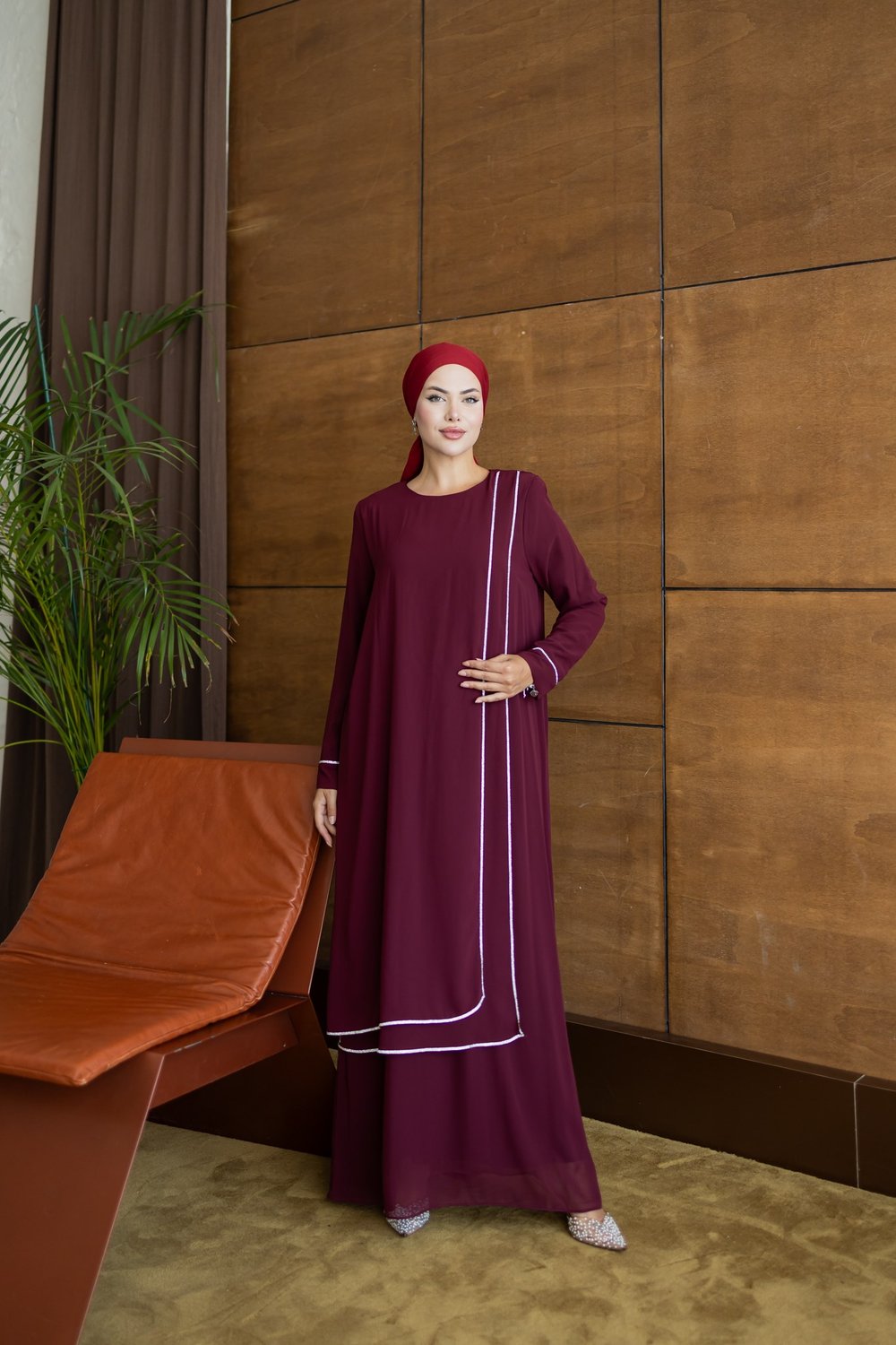 Şerit Taşlı  Elbise | Bordo