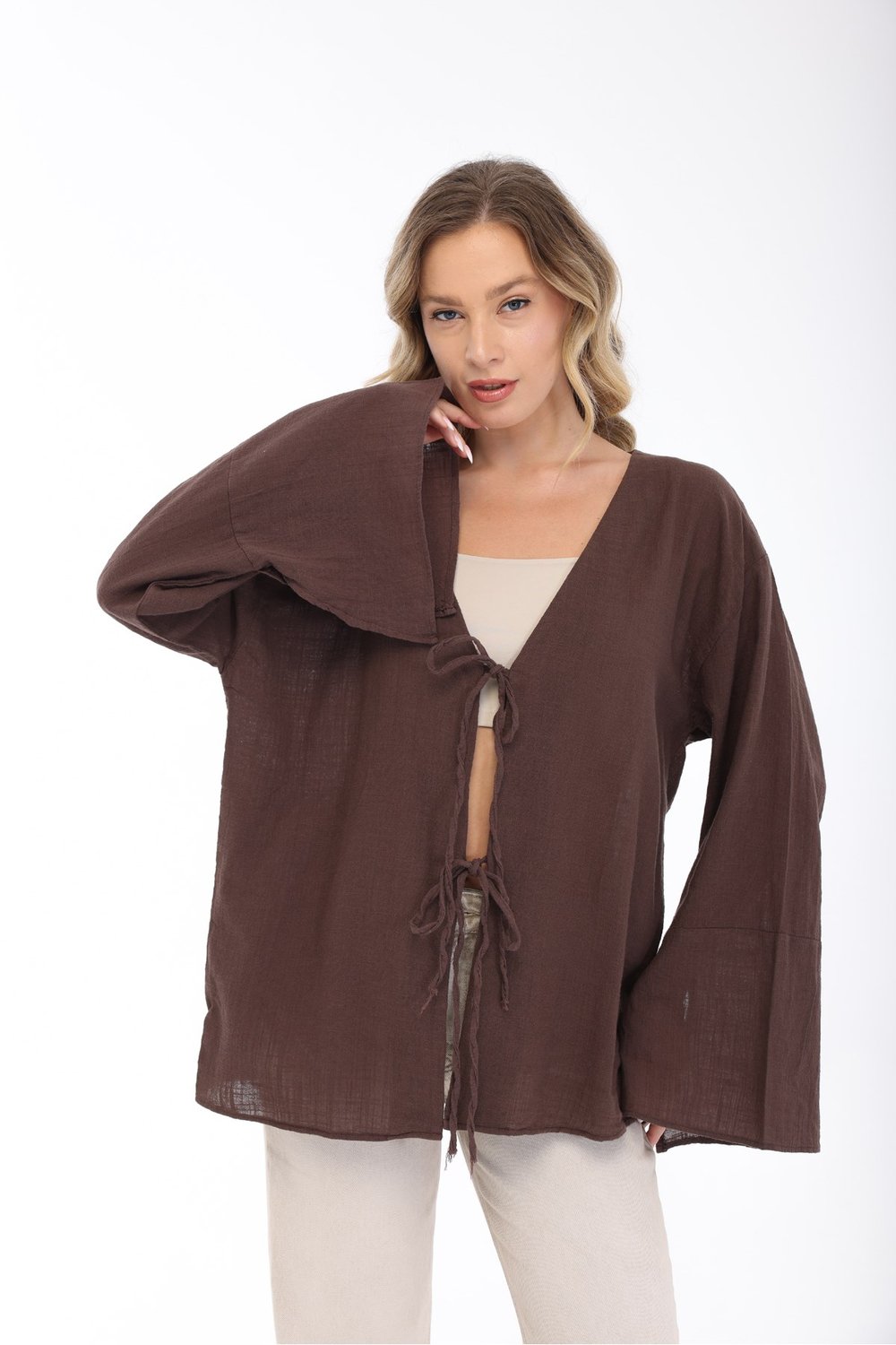 Blayn Kadın Keten Kimono – Oversize Rahat Kalıp Yazlık Uzun Kollu Kimono