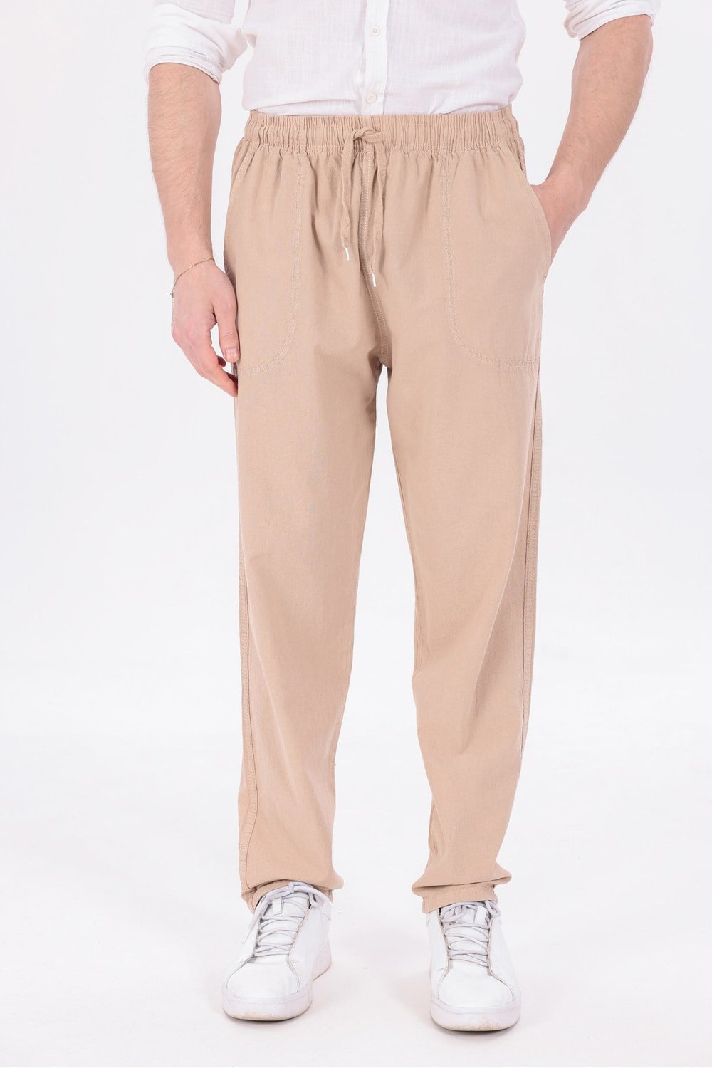 Erkek Bej Jogger Pantolon Beli Lastikli Bağcıklı %100 Pamuk Keten Baggy Rahat Günlük Pantolon