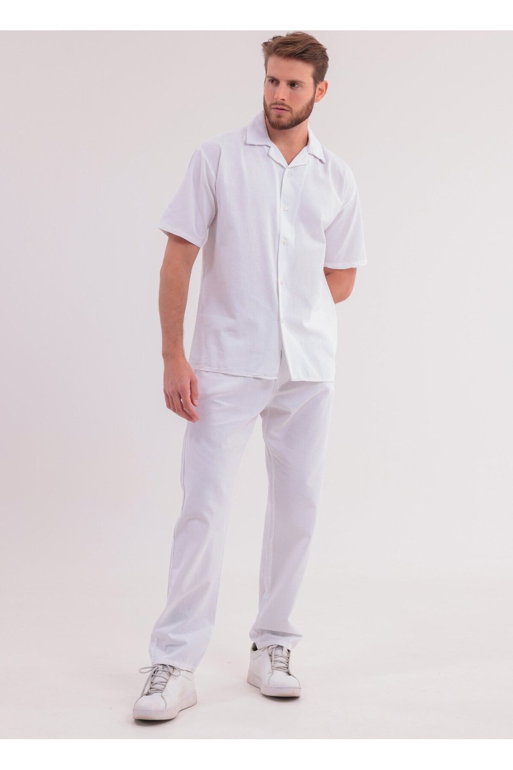 Erkek Beyaz Keten Takım Oversize Gömlek & Pantolon 2’li Set Bağcıklı Rahat Yazlık Kombin